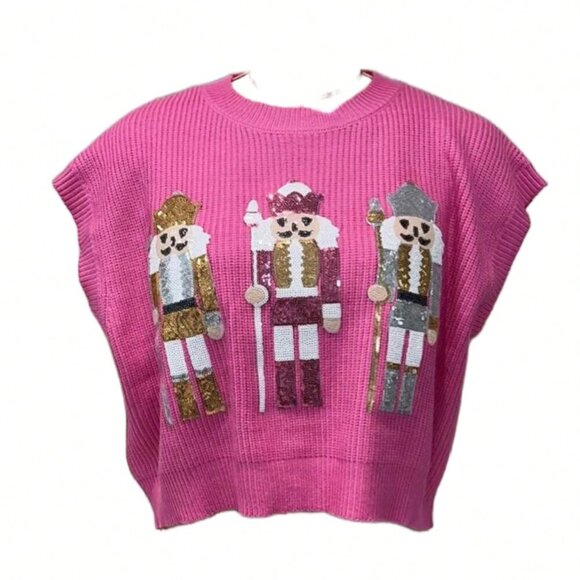 Pink Casual Women's Sequin Christmas Sparkly Soldier Sweater Vest - Picture 3 of 4